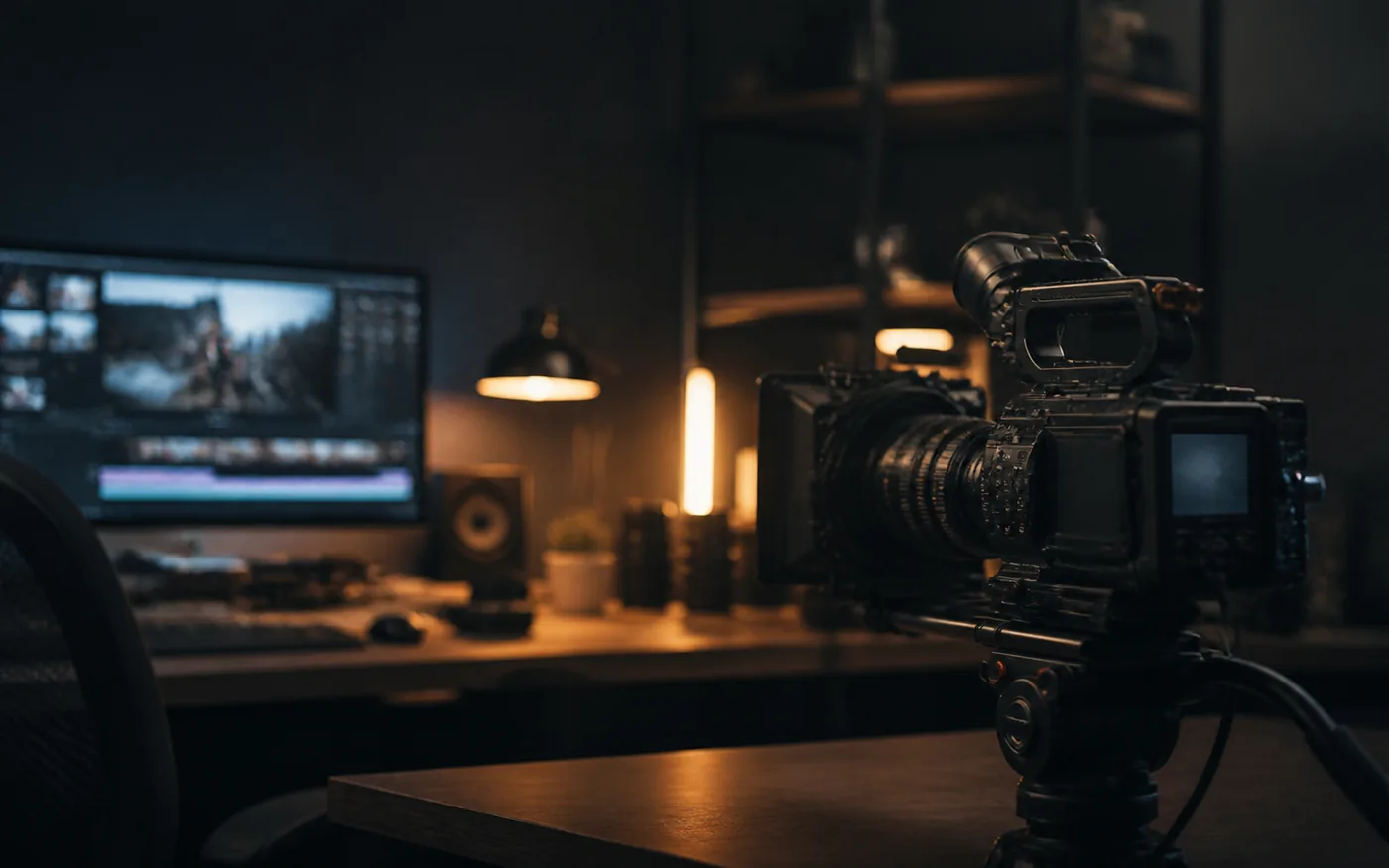 Cinema camera in a dark video editing studio for performance creative production