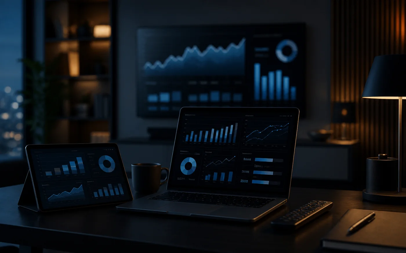 Dark executive workspace with CTV financial reporting dashboards across multiple screens