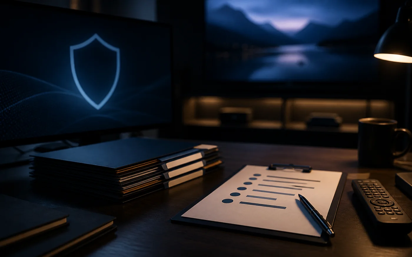 Dark compliance review desk with approval folders, checklist, television remote, and shield icon