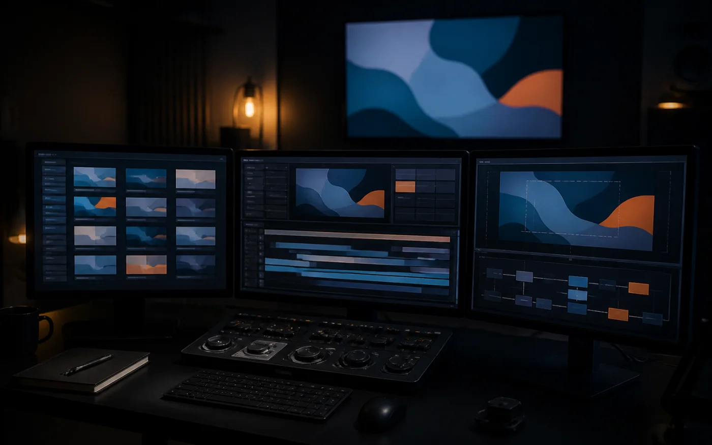 Dark post-production suite showing abstract storyboard, video timeline, safe-area guides, and approval gates