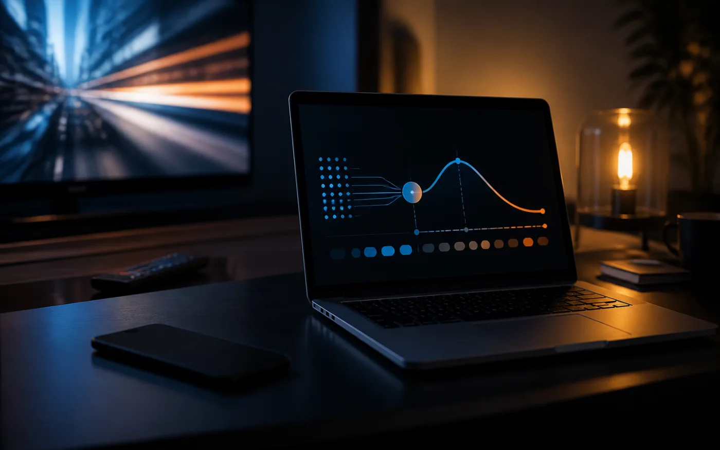 Dark workspace with a television and laptop showing an abstract demand-to-response curve