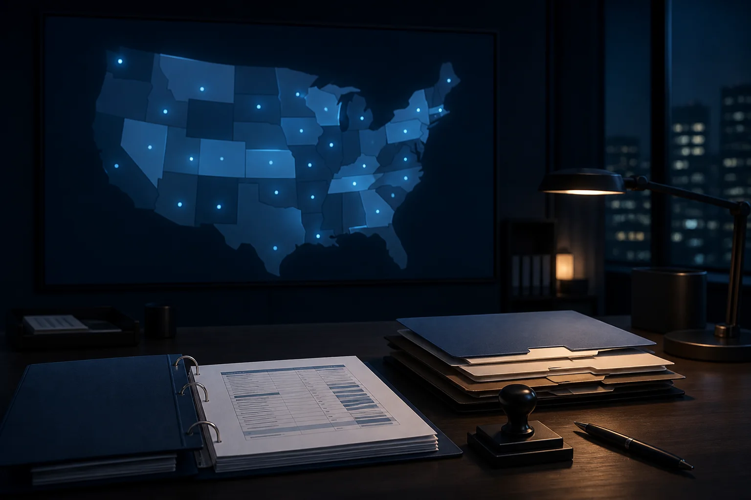 Dark regulatory review workspace with an abstract United States map, source register, folders, and review stamp