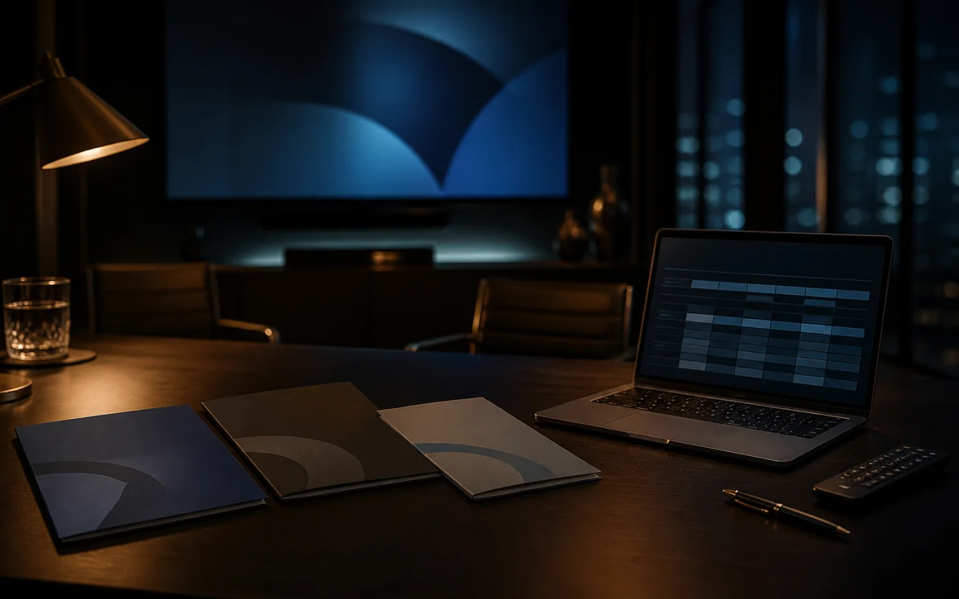Dark boardroom desk with CTV partner proposals and an abstract comparison matrix