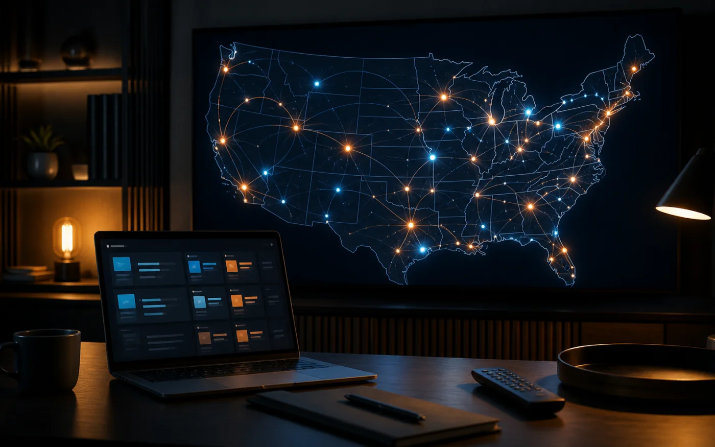 Dark media operations room with an illuminated United States map and connected local market nodes